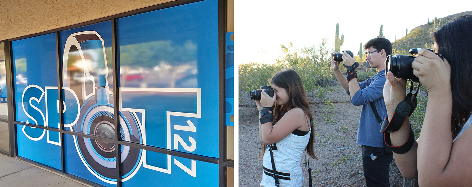 a pair of photos depicting the exterior of SPOT 127 Tempe and three teens doing camera training in Phoenix
