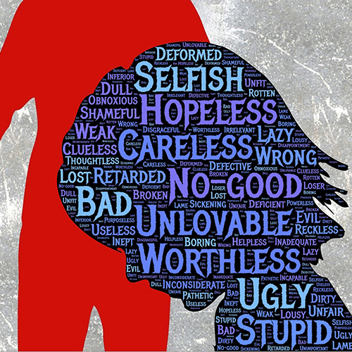 Illustration of youth, head down, with words inscribed in silhouette: Hopeless, selfish, careless, no good, bad, unlovable, worthless, ugly, stupid