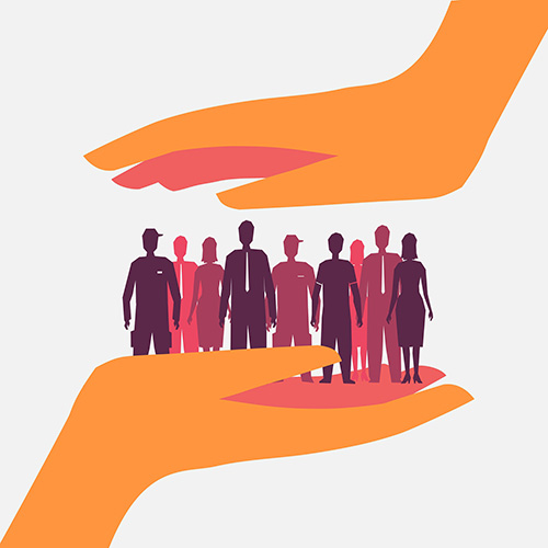 Illustration of group of people being held by human hands